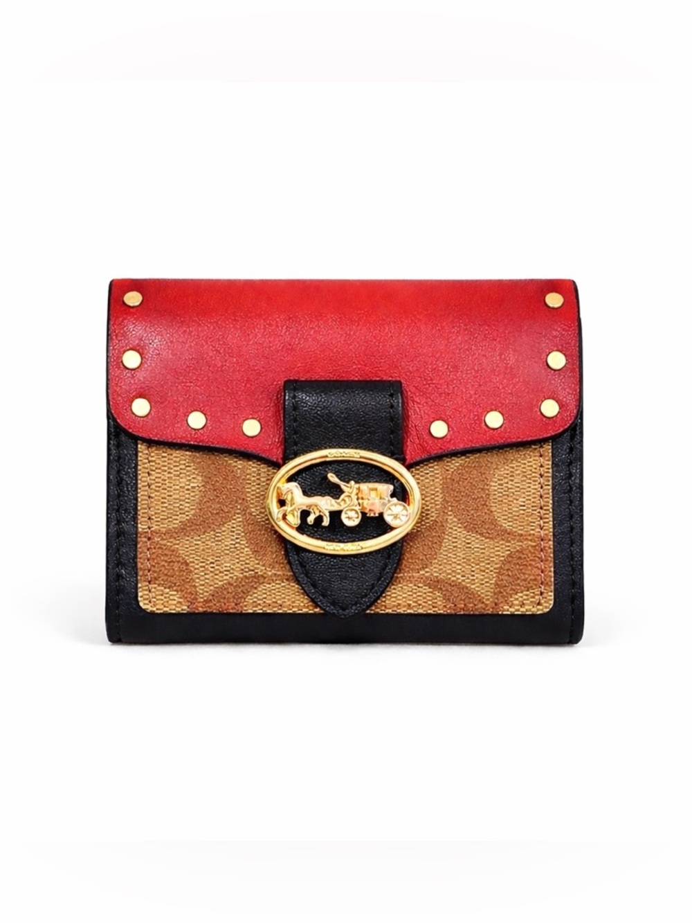 COACH Georgie Rivets Signature Canvas Colorblock Compact Wallet